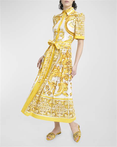 Dolce&Gabbana Brocade Print Poplin Midi Shirtdress with Tie Belt